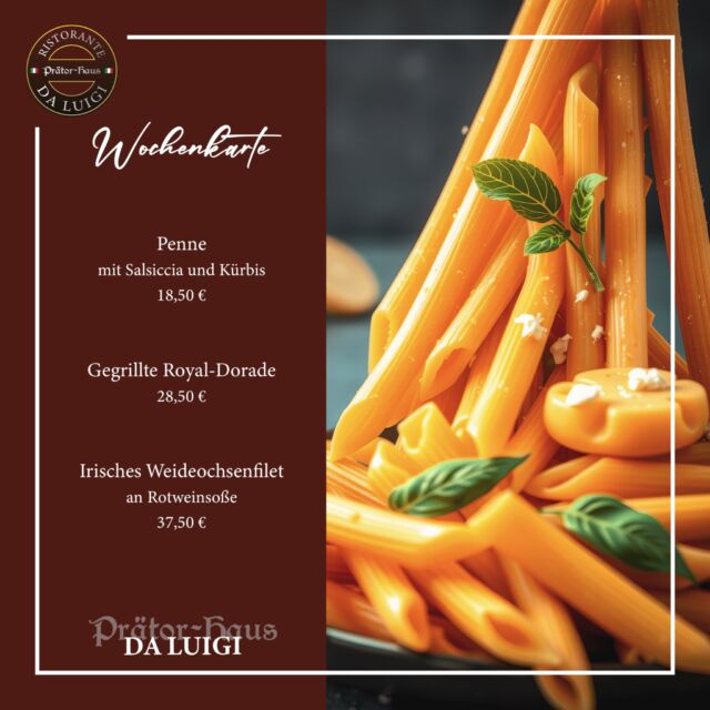 Entdecke unsere besonderen Highlights für diese Woche:

Penne mit Salsiccia und Kürbis – 18,50 € 🍂🍝
Gegrillte Royal-Dorade – 28,50 € 🐟🔥
Irisches Weideochsenfilet an Rotweinsoße – 37,50 € 🥩🍷

Frisch, köstlich und mit viel Liebe zubereitet – genau das, was dein Gaumen diese Woche braucht!

#lübeck #lübeckcity #lübeckerbucht #hansestadtlübeck #lübeckliebe #lübeckaltstadt #altstadt #lübecktravemünde #italiener #restaurant #prätorhaus #daluigi #prätorhausdaluigi #daluigilübeck #italienischeküche #lübeckessen
